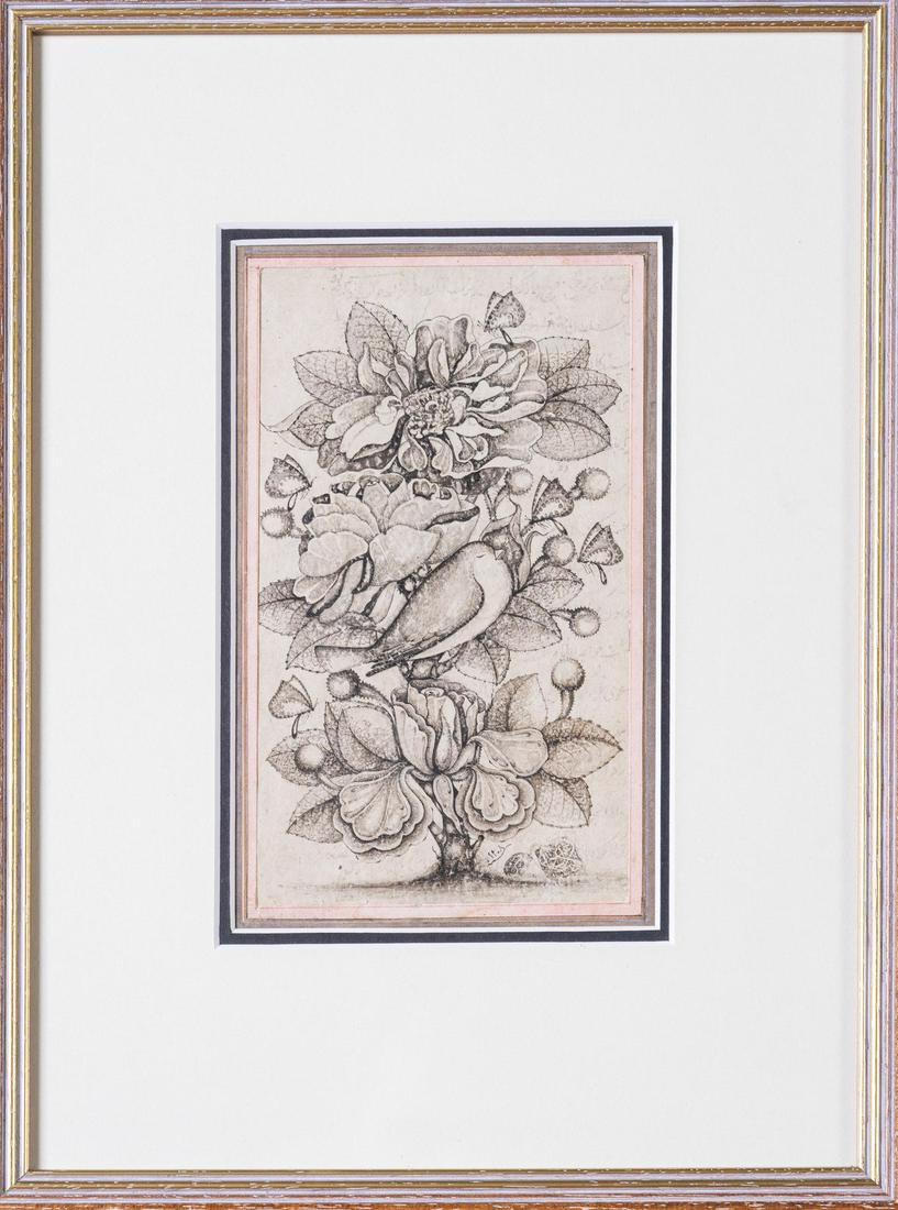 Arte Islamica A Qajar study of a bird and flower.: Islamic Art A Qajar study of a bird and flower. Dated 1208 (1830 AD)Ink wash on paper . . Cm 12,50 x 21,00. For a related example cfr. Brooklyn Museum (Acc. no. 1993.58). . Frame present
