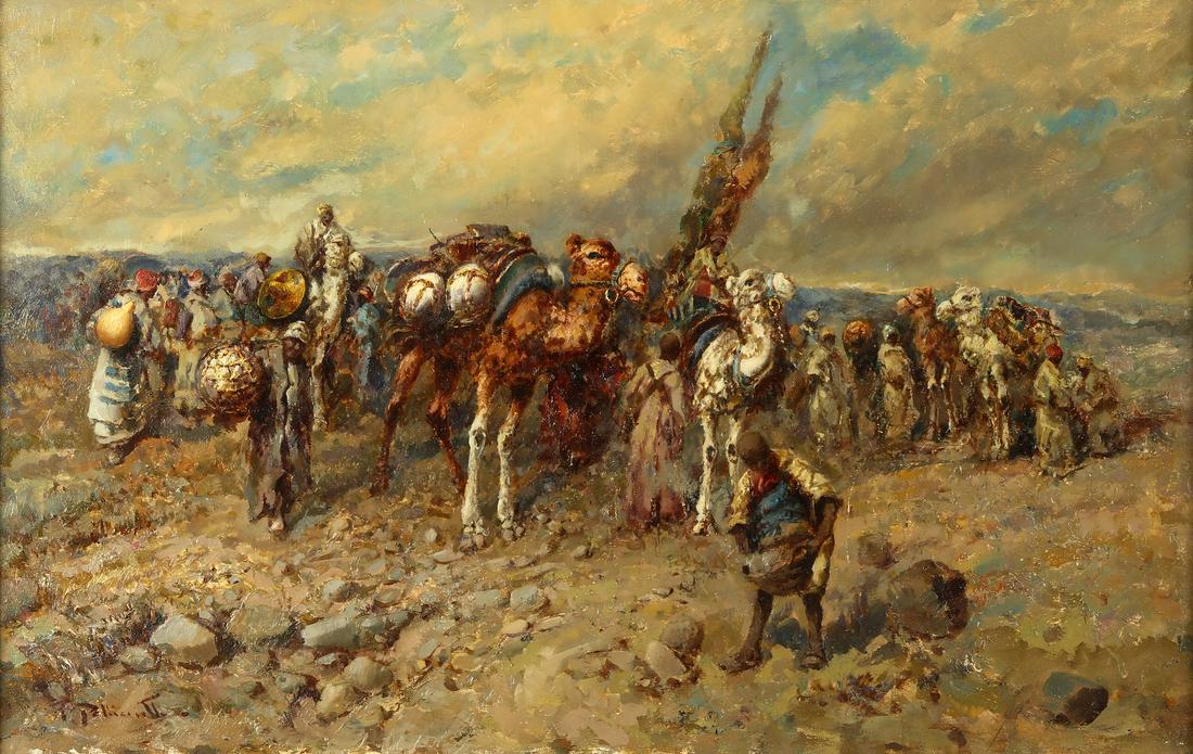 Arte Islamica Tito Pellicciotti (1871-1950)Caravan in: Islamic Art Tito Pellicciotti (1871-1950)Caravan in the desert Oil on board . . Cm 49,00 x 32,00. Provenance: Private collection, Milan. . Frame present