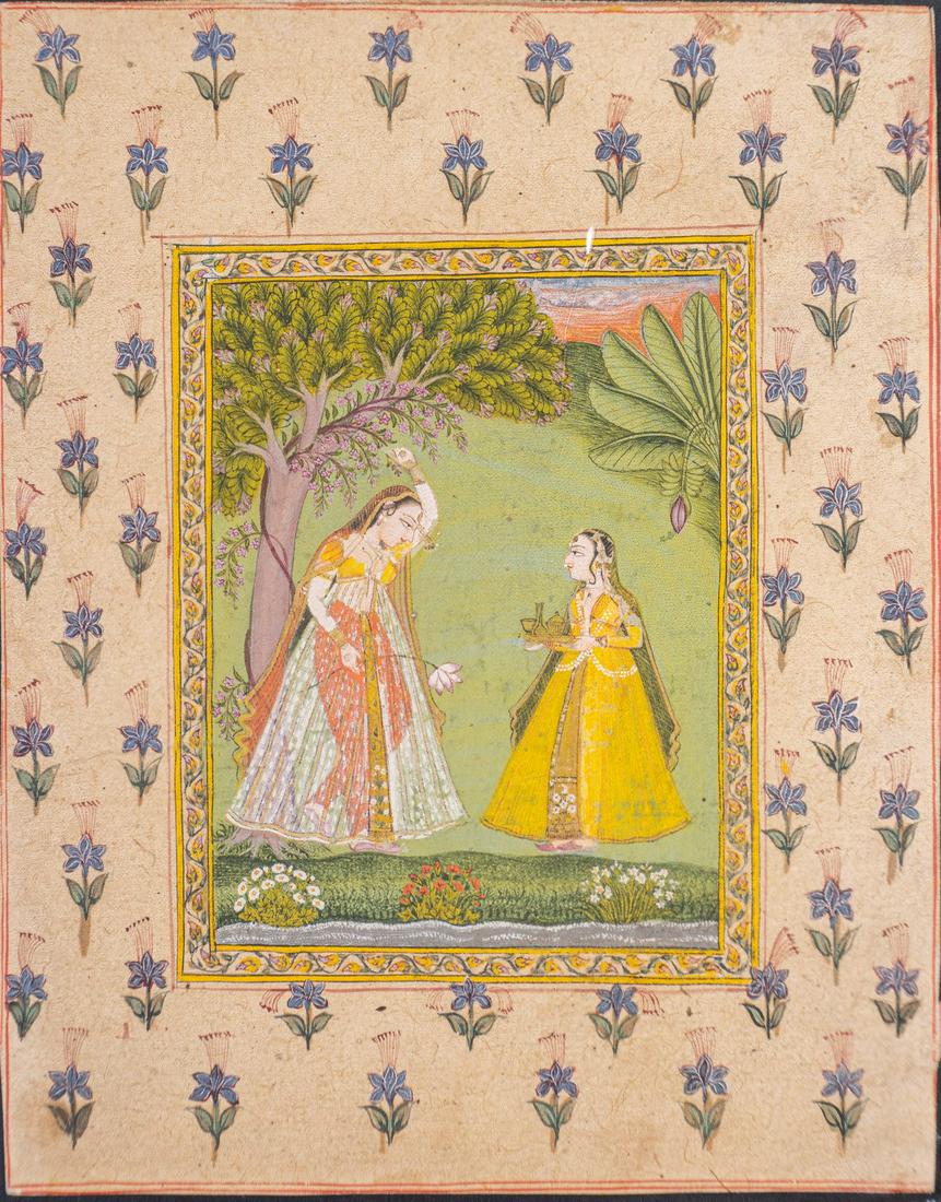Arte Indiana A miniature painting depicting a princess: Indian Art A miniature painting depicting a princess and her maid in a garden India, Rajasthan, early 20th century Pigments and gold on paper . . Cm 18,00 x 22,50. Provenance: Venetian private collect