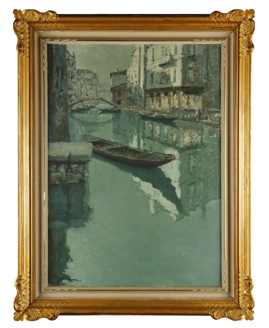BEPI (XX SECOLO) MARINO Rio due pozzi, nocturnal.: Rio due pozzi, nocturnal. Oil on canvas . Cm 49,00 x 70,00. Signature lower left. At the back title. Label and stamp Bordin Galleria Antiquaria, Verona. Frame present