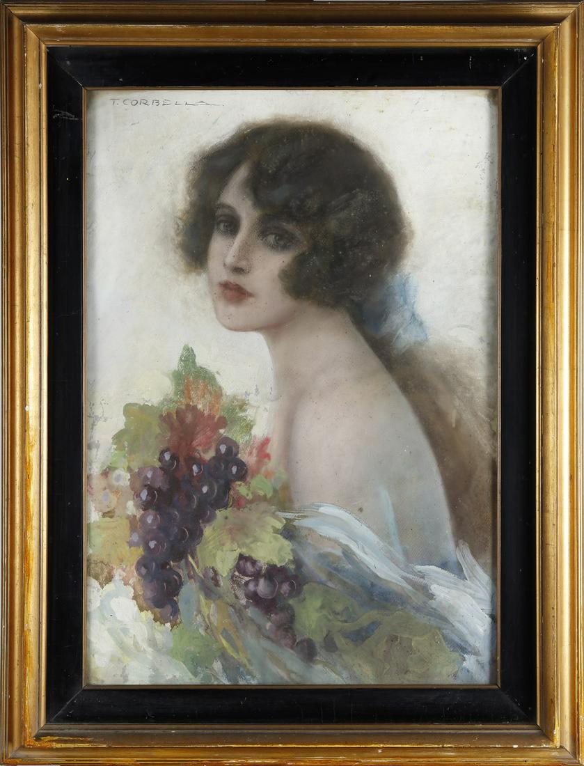 TITO CORBELLA Female portrait.: Female portrait. Mixed media on pressboard. Cm 43,00 x 62,00. Signature upper left.Small foxing. Frame present