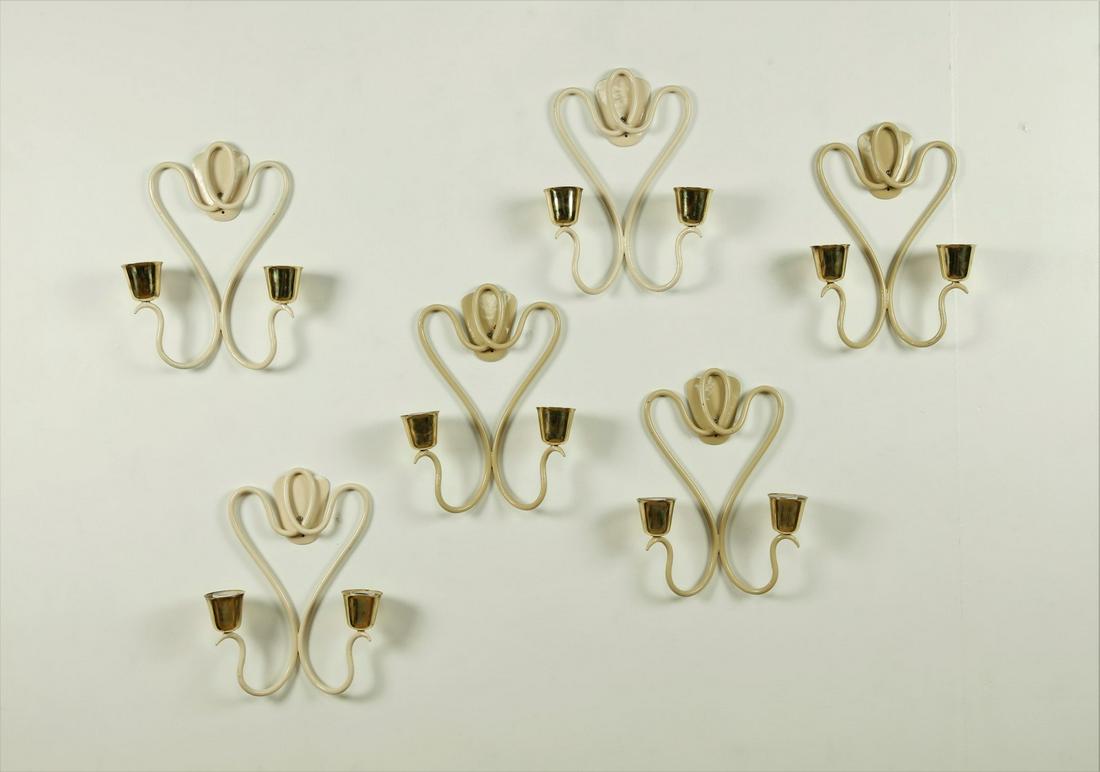 MANIFATTURA ITALIANA Six wall lights, 40s. (6).: ITALIAN WORK Six wall lights, 40s. (6). Lacquered metal and brass. Cm 30,00 x 34,00 x 10,00.
