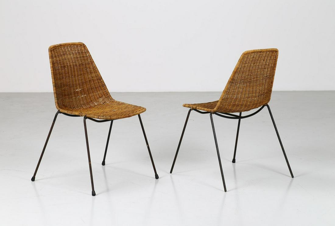 GIAN FRANCO LEGLER Pair of chair, Basket model, 50s.: Pair of chair, Basket model, 50s. (2). Painted metal and wicker.. Cm 55,00 x 80,00 x 54,00.