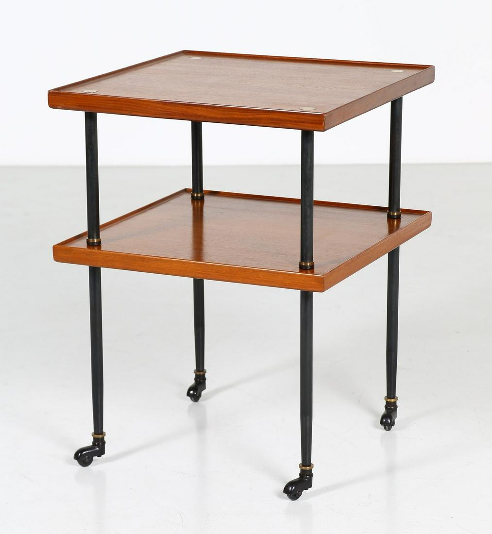 FABRIZIO BRUNO Konvival model stackable tables, 1960s.: Konvival model stackable tables, 1960s. Wood and metal. Cm 60,00 x 80,00 x 60,00. Klan production, manufactuirng brand. Publications: Rivista dell'arredamento, n. 36, december 1957, advertising