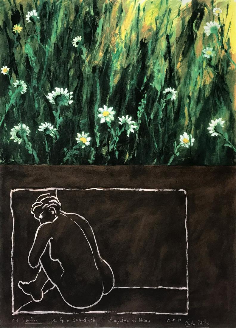 DIETER HACKER Untitled.: Untitled. 1999. Silkscreen. Cm 69,00 x 95,00. E.A. Edition, signature, year and dedication lower in pencil.