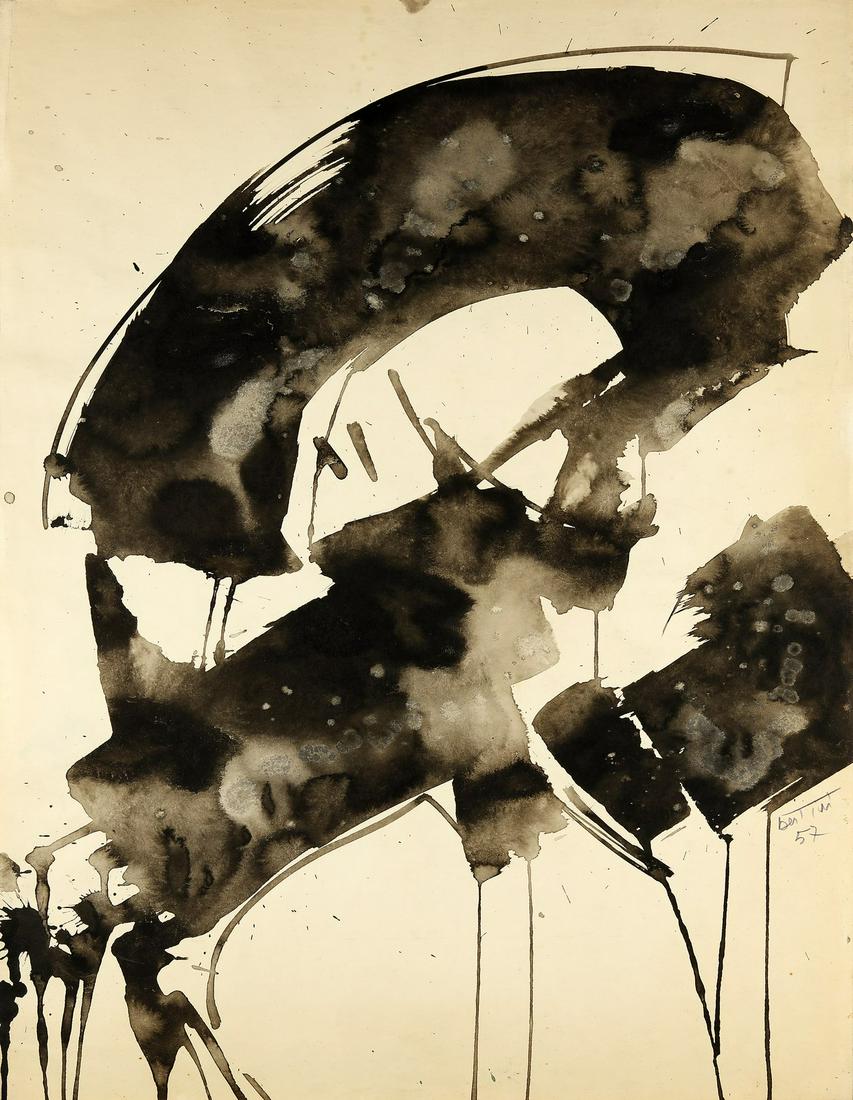 GIANNI BERTINI Untitled.: Untitled. 1957. Ink on paper. Cm 50,00 x 66,00. Signed and dated lower right. Agrifoglio Gallery, Milan, authenticity certificate on photo.