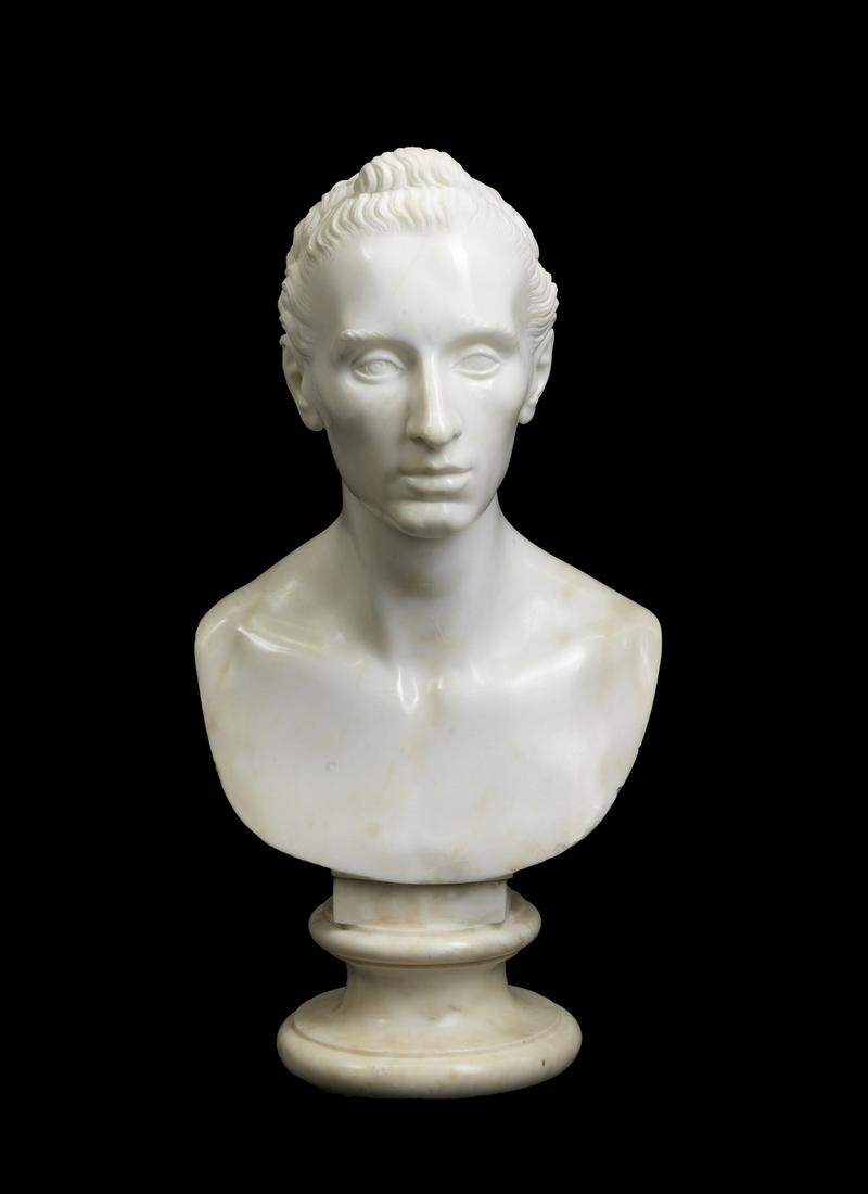 FRANCESCO POZZI Male bust in white Carrara marble. .: Male bust in white Carrara marble. . . Cm 30,00 x 60,00 x 21,00. Signature and dates 1822 at the base with lettering: "Francesco Pozzi fece in Roma 1822".