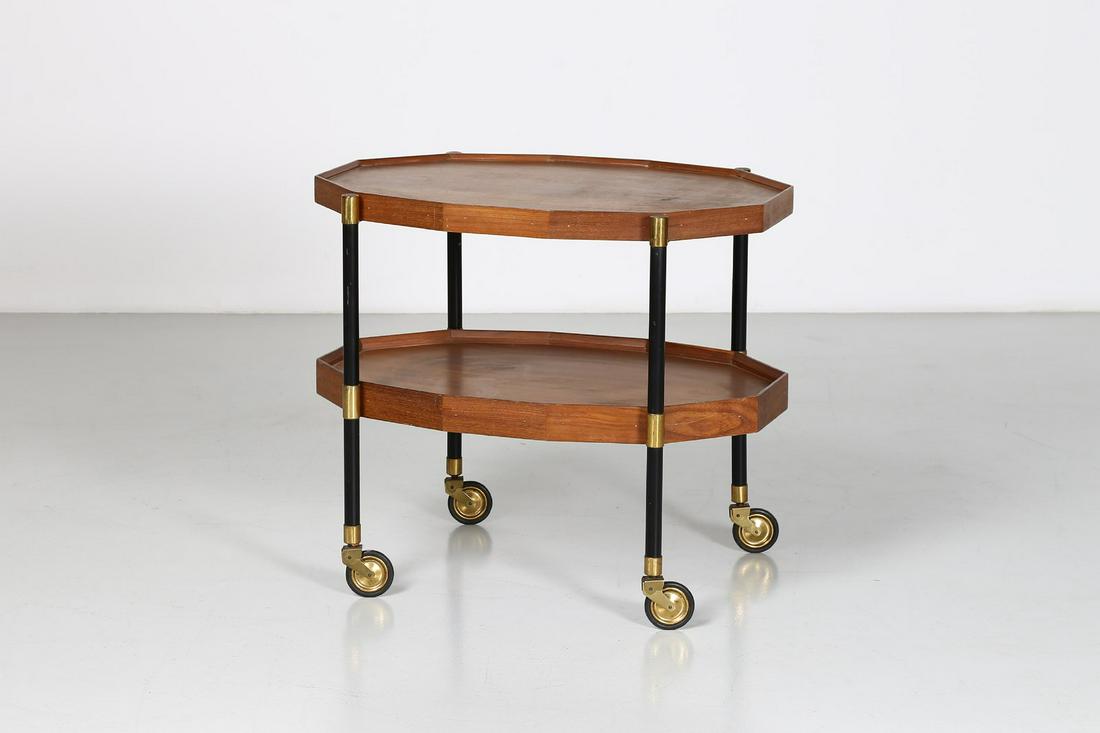 MANIFATTURA ITALIANA Trolley service, 60s.: ITALIAN WORK Trolley service, 60s. Mahogany wood, painted metal, brass.. Cm 76,00 x 67,00 x 51,00.
