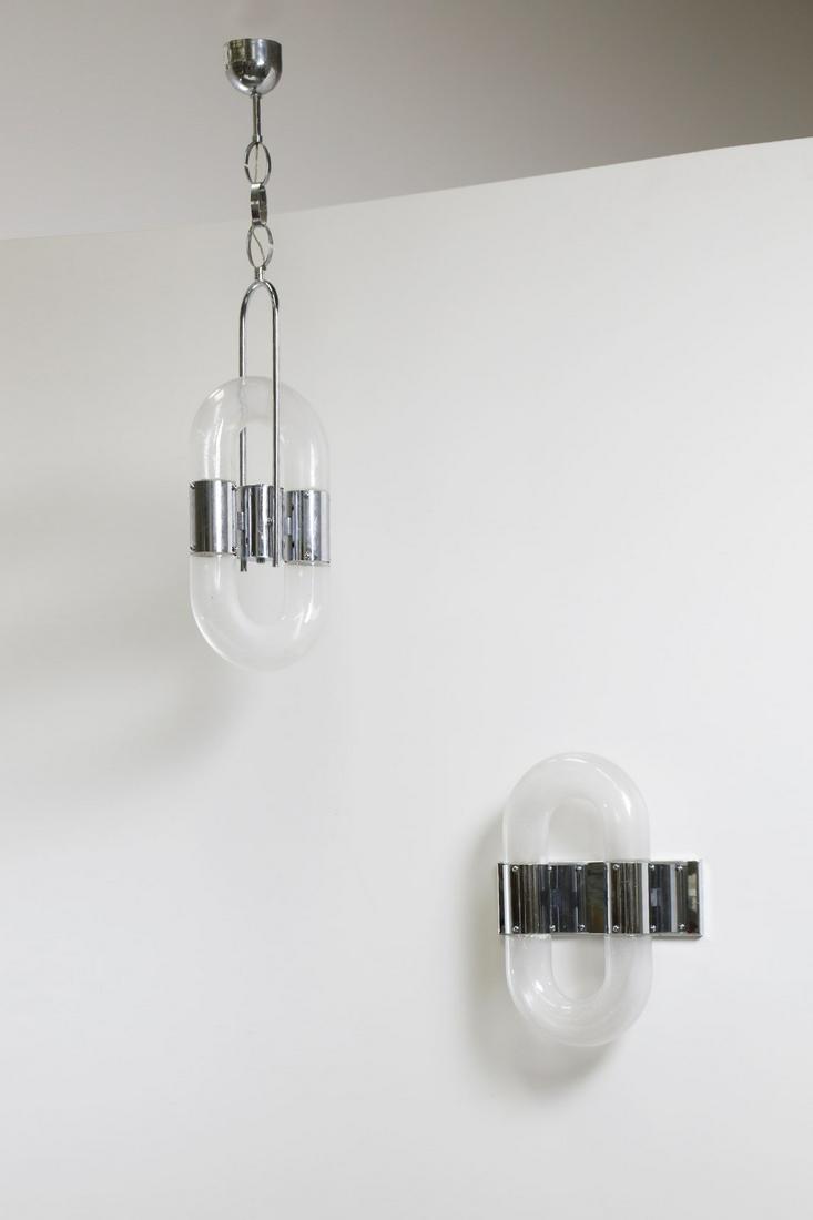 MANIFATTURA ITALIANA Ceiling light and wall light,: ITALIAN WORK Ceiling light and wall light, 70s. Chromed metal and glass.. Cm 28,00 x 90,00. 78