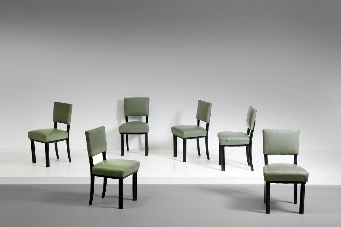 MANIFATTURA ITALIANA Six chairs, 70s.: ITALIAN WORK Six chairs, 70s. Lacquered wood and skai.. Cm 50,00 x 92,00 x 52,00. 16
