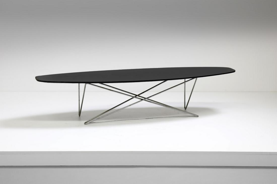 TECNISALOTTI Coffee table, 70s.: Coffee table, 70s. Metal and laminated wood.. Cm 160,00 x 55,00 x 52,00. Manufacturing brand.