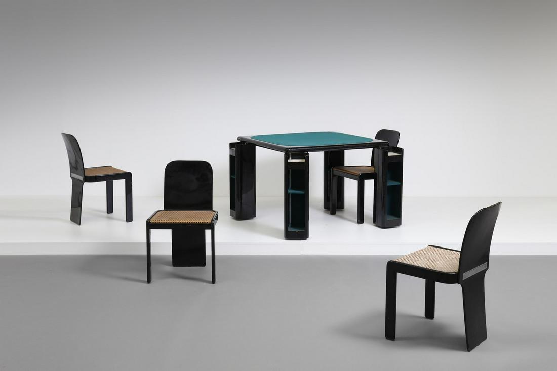 PIERLUIGI MOLINAR Table with four chairs, Pozzi: Table with four chairs, Pozzi production, 70s. Lacquered wood, cloth and Vienna straw.. Cm 47,00 x 80,00 x 48,00. Table: 75 x 100 x 10 cm