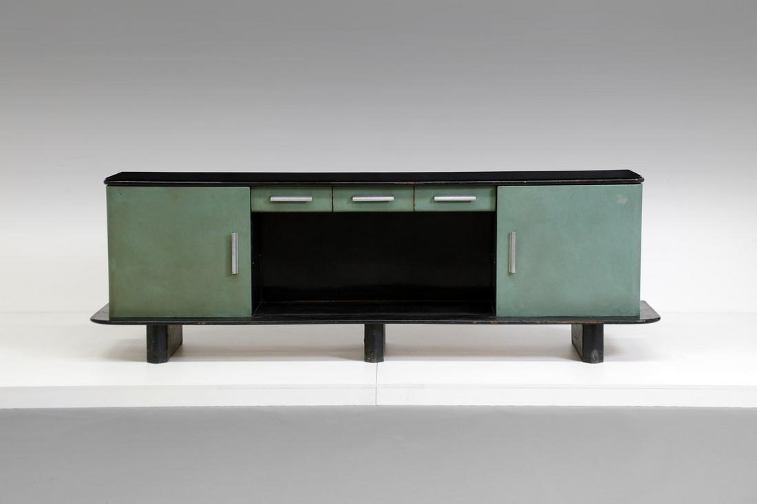 OSVALDO BORSANI (attributed) Sideboard, 30s.: (attributed) Sideboard, 30s. Lacquered wood and skai.. Cm 282,00 x 90,00 x 59,00. 14