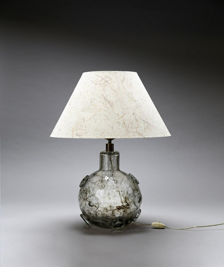 ERCOLE BAROVIER Spherical lamp base in â€œcrepuscoloâ€: Spherical lamp base in â€œcrepuscolo” glass with application of large rings in transparent glass, for Ferro Toso Barovier, 1936 ca. Murano glass and brass.. Cm 27,00 x 40,00 x 27,00. Referen