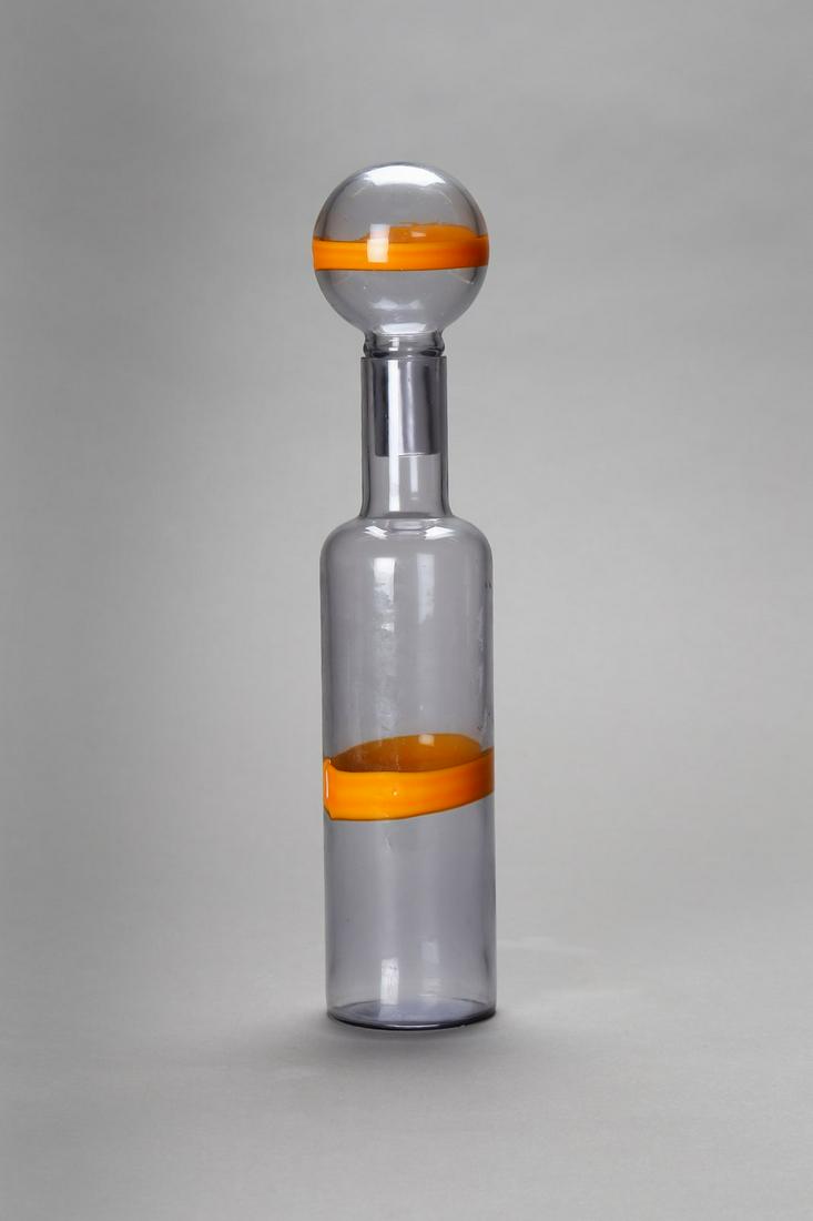 MANIFATTURA MURANESE Blue glass bottle with yellow: MURANO WORK Blue glass bottle with yellow glass band application on cap and body. 70's. Murano glass.. Cm 8,00 x 39,00.