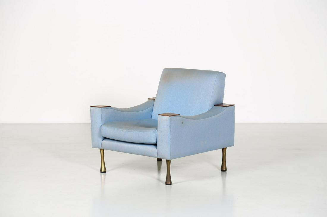 ANGELO MANGIAROTTI Armchair, Sorgente dei Mobili: Armchair, Sorgente dei Mobili production, 50s. Wood and padded fabric.. Cm 83,00 x 77,00 x 78,00.