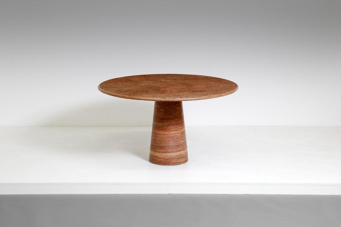 ANGELO MANGIAROTTI Table, Tisettanta production, 70s.: Table, Tisettanta production, 70s. Red travertino.. Cm 120,00 x 73,00 x 120,00. Literature (for a similar model) : G. Gramigna, Repertorio 1950-1980, Mondadori, 1985, p. 293