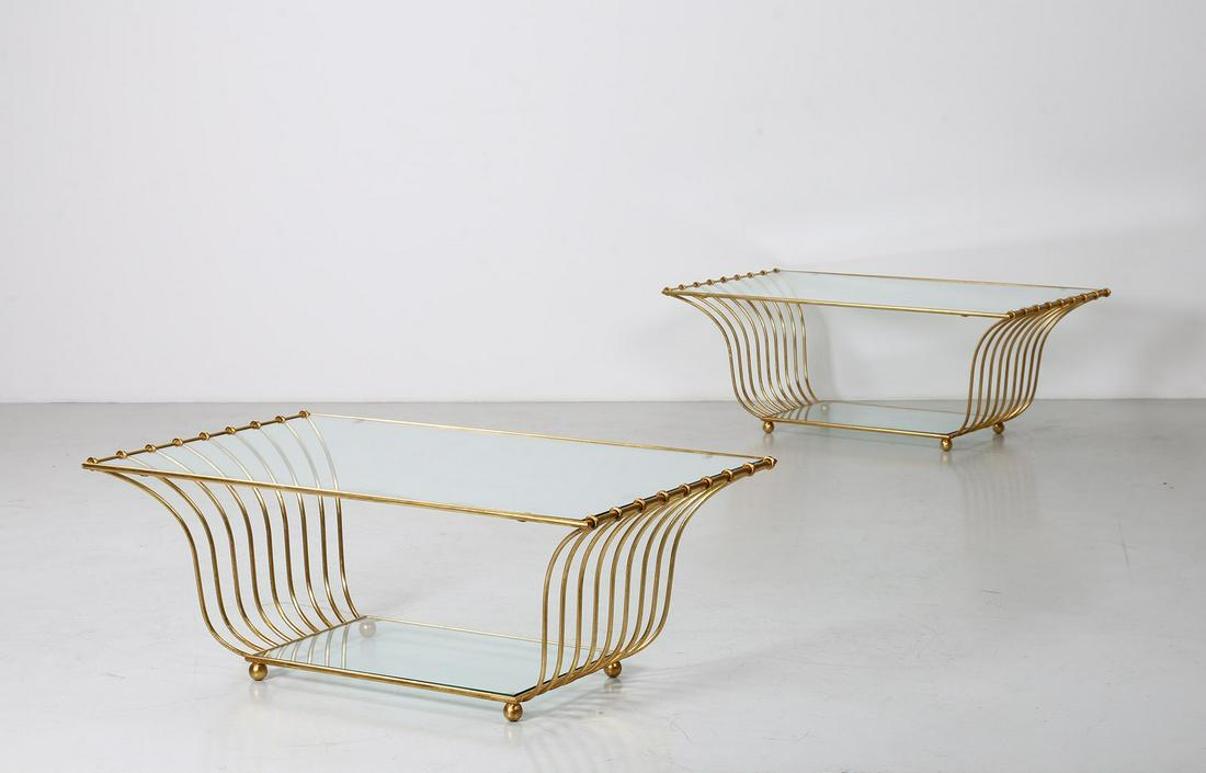BANCI FIRENZE Pair of coffee tables, 70s. .: Pair of coffee tables, 70s. . Golden metal and cut crystal.. Cm 120,00 x 48,00 x 72,00.