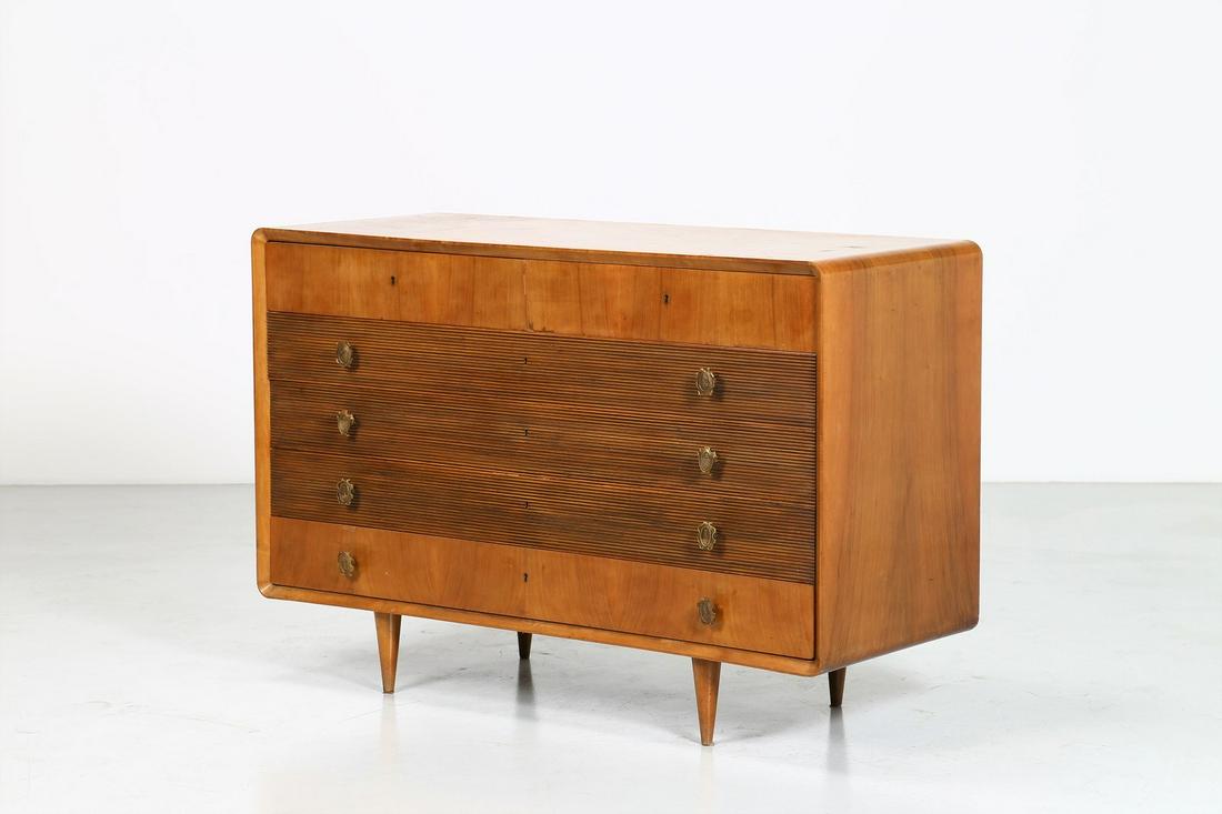 LUIGI SCREMIN Drawers, Fratelli Scremin Belluno: Drawers, Fratelli Scremin Belluno production, 50s. Walnut and brass.. Cm 139,00 x 94,00 x 55,50. Manufacturing brand.