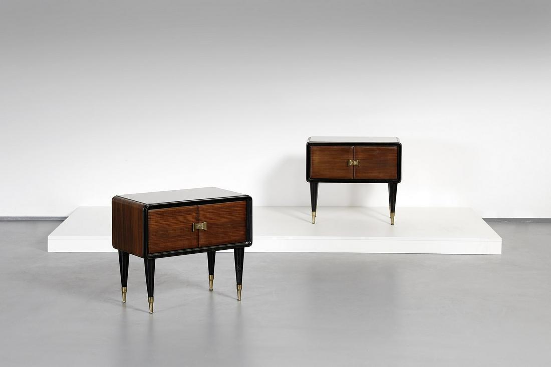 MANIFATTURA ITALIANA 50s pair of bedside tables.: ITALIAN WORK 50s pair of bedside tables. Mahogany wood and brass.. Cm 61,00 x 54,00 x 35,00.