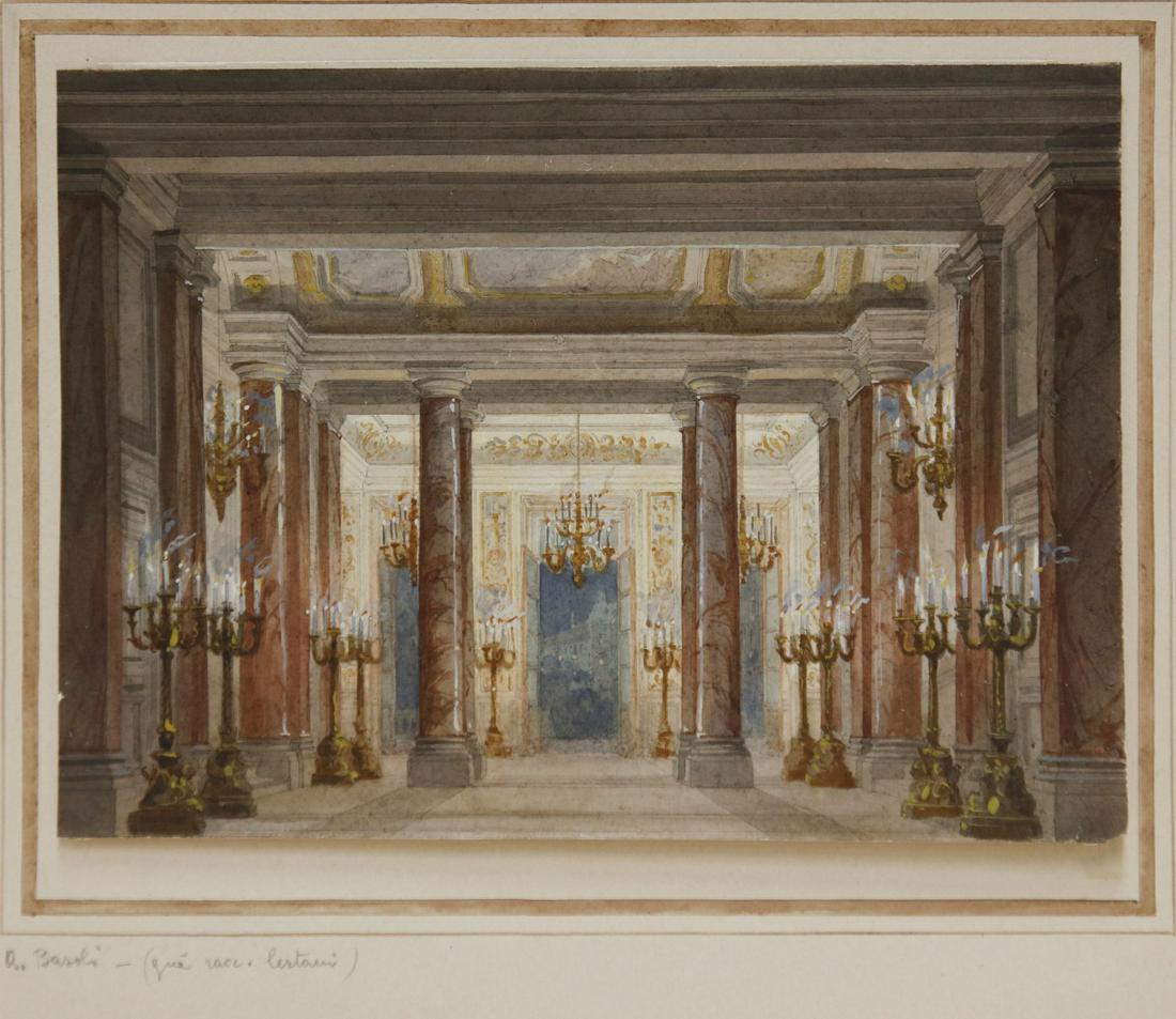ANTONIO BASOLI Attributed to. Inside palace.: Attributed to. Inside palace. Ink and watercolour on paper. Cm 17,00 x 23,50.