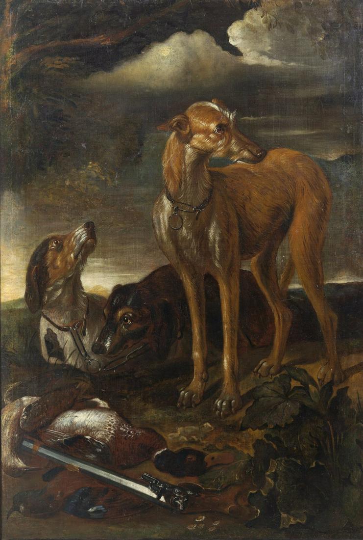 ANGELO MARIA DETTO IL CRIVELLONE CRIVELLI Hunting scene: Hunting scene with dogs and wild game. Oil on canvas . Cm 86,00 x 126,00. . Frame present