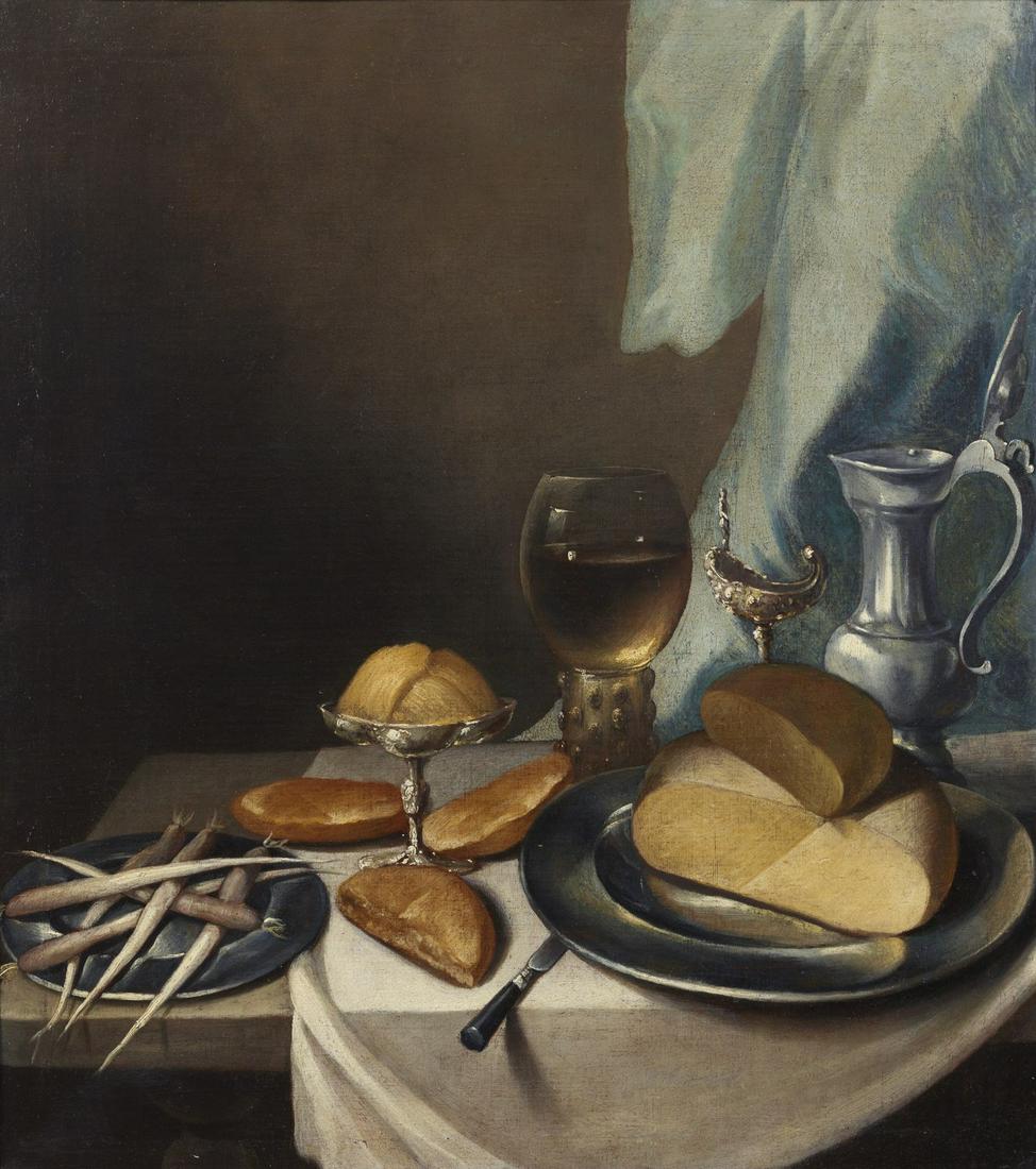 PIETER CLAESZ Circle of. Table with food and crockery.: Circle of. Table with food and crockery. Oil on canvas . Cm 69,00 x 79,00. . Frame present