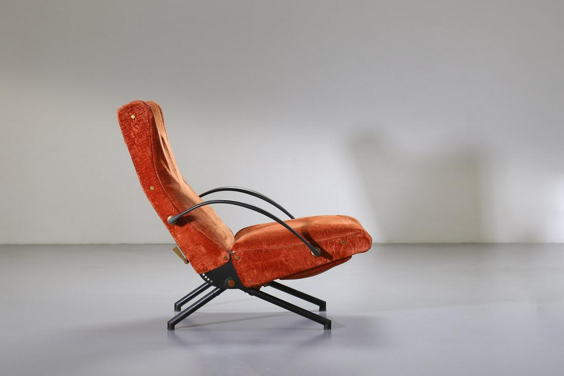 OSVALDO BORSANI P40 armchair, Tecno production, 1957.: P40 armchair, Tecno production, 1957. Painted metal, brass and padded fabric.. Cm 60,00 x 85,00 x 90,00. Manufacturing brand. Literature: Bosoni G., Osvaldo Borsani, Architetto, Designer, Imprenditore