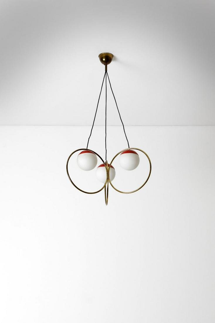 ANGELO BROTTO Ceiling light, Esperia production, 1960s.: Ceiling light, Esperia production, 1960s. Glass, lacquered metal and brass.. Cm 50,00 x 85,00 x 50,00.