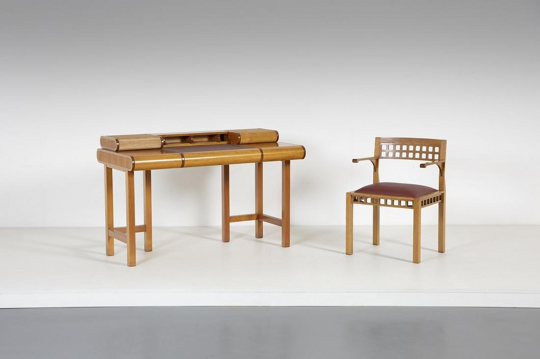 CARLO POZZI Desk with chair produced by Giorgetti,: Desk with chair produced by Giorgetti, one-of-a-kind prototype, 1977. Walnut and leather. Cm 125,00 x 82,00 x 65,00.