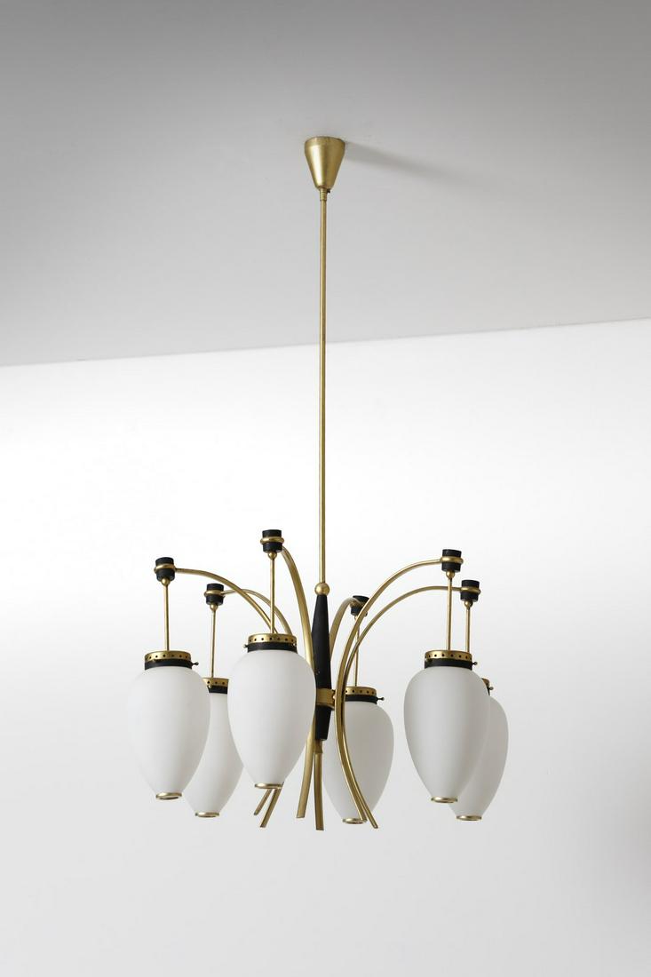 STILNOVO in the style of. Ceiling light.: in the style of. Ceiling light. Brass, opal frosted glass.. Cm 63,00 x 123,00 x 63,00.