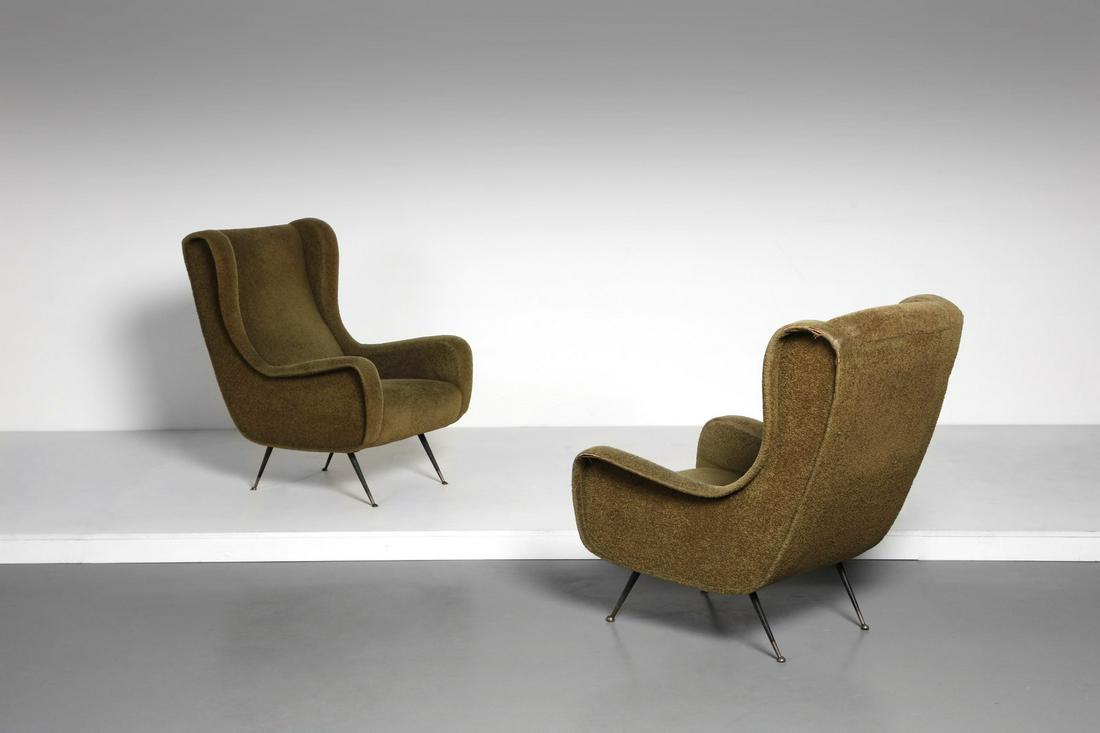 MANIFATTURA ITALIANA Pair of armchairs.: ITALIAN WORK Pair of armchairs. Painted metal, brass and padded fabric.. Cm 85,00 x 96,00 x 74,00. 1950s, original upholstery.