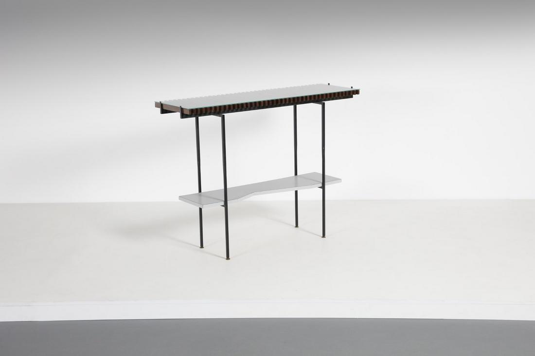 MANIFATTURA ITALIANA Console.: ITALIAN WORK Console. Laquered meta, formica, wood and brass.. Cm 122,50 x 92,00 x 38,00. 1950s.