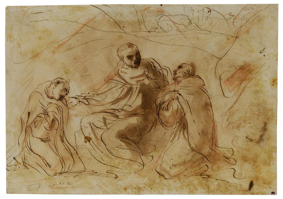 PIER FRANCESCO MOLA Landscape with monks.: Landscape with monks. Watercolor and ink on paper. Cm 26,50 x 18,50. Initials lower left.