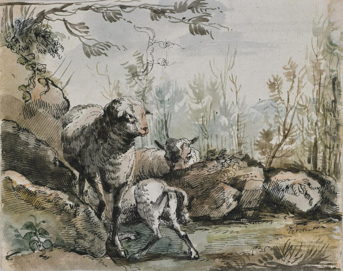FRANCESCO LONDONIO Manner of. Grazing sheep.: Manner of. Grazing sheep. Watercolor and ink on paper. Cm 22,60 x 18,00.