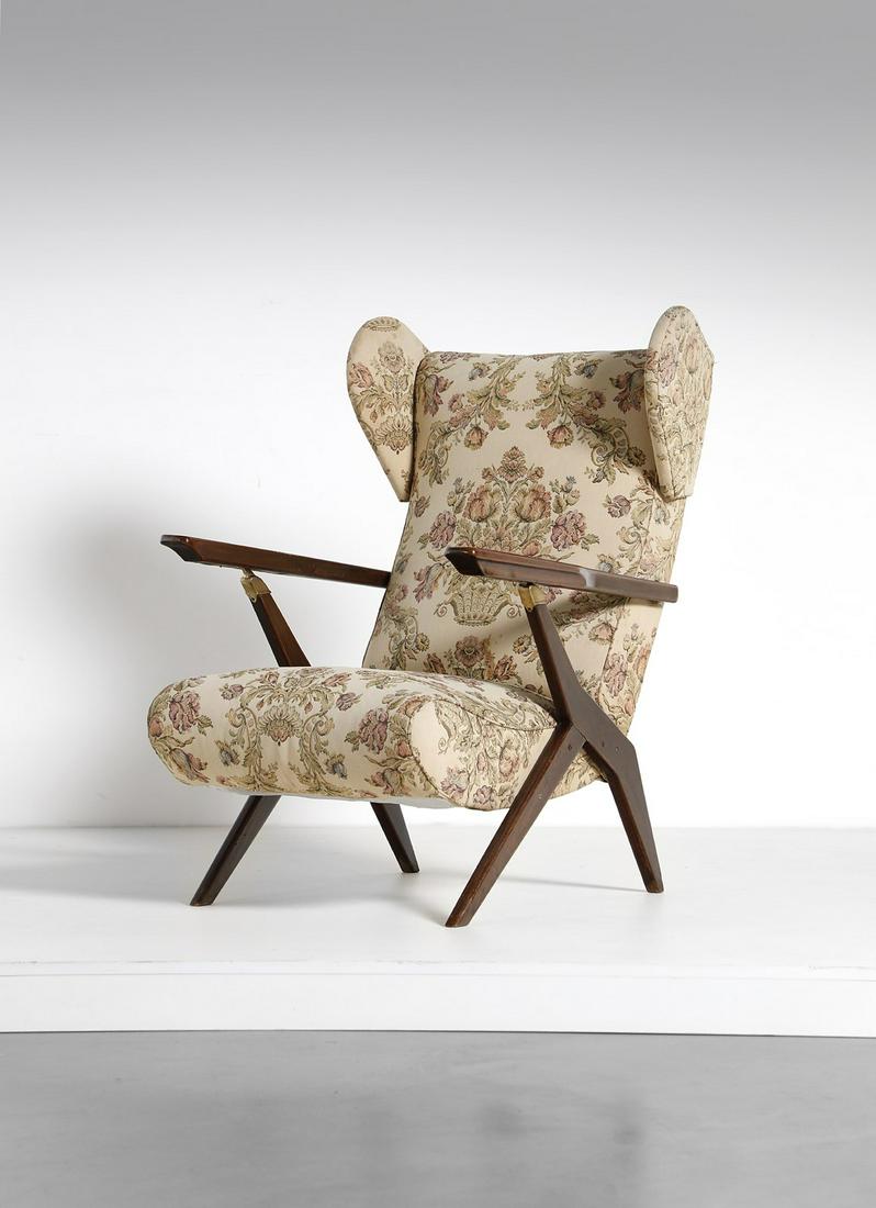 MANIFATTURA ITALIANA Reclining armchair.: ITALIAN WORK Reclining armchair. Wood, brass and padded fabric. . Cm 64,00 x 100,00 x 80,00. 1950s.