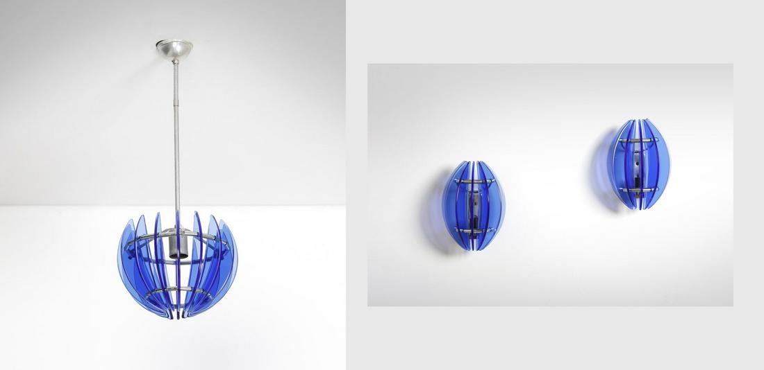 VECA Ceiling lamp and pair of wall lamps.: Ceiling lamp and pair of wall lamps. Chromed metal and glass.. Cm 25,00 x 40,00. Wall lamps: 24 x 12 cm, 1960s.