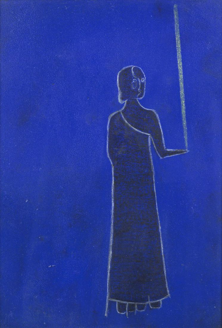 GINO DE DOMINICIS Untitled (Sumera).: Untitled (Sumera). Mixed media on cardboard. Cm 21,50 x 30,00. Signature at the back. Provenance: Pio Monti Gallery, Rome. Duccio Trombadori (20 Dicember 2010) authenticity certificate on photo. 80's.