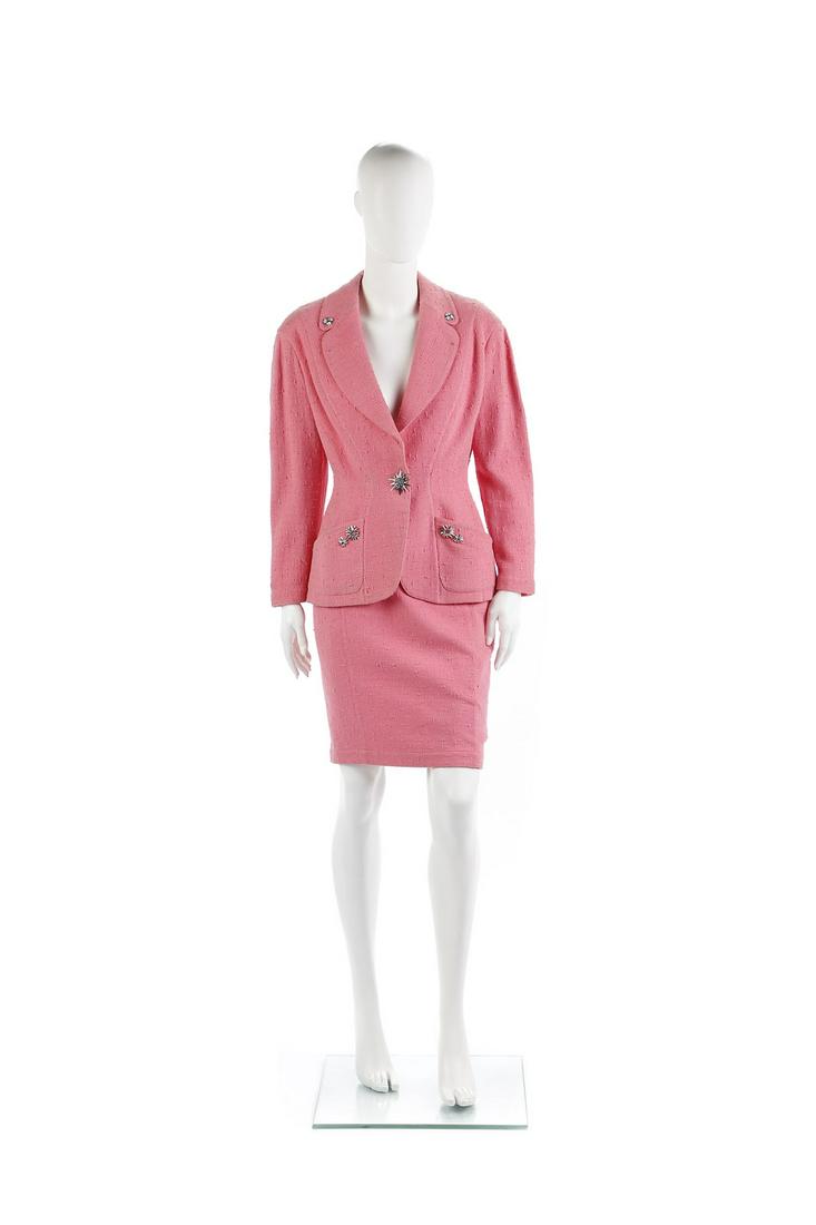 THIERRY MUGLER Suit consisting of pink cotton jacket: Suit consisting of pink cotton jacket and skirt, jewel buttons. Size 38.IT. . .