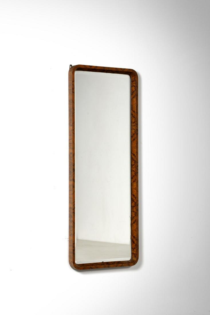 GIO PONTI Mirror, Giordano Chiesa production.: Mirror, Giordano Chiesa production. Walnut radica from Ferrara and mirror.. Cm 57,00 x 142,50 x 5,50. 1930s.