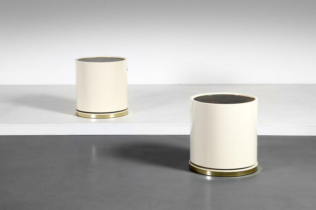 ITALIAN WORK, Pair of bedside tables.: Pair of bedside tables. Lacquered wood and brass.. Cm 46,00 x 49,00 x 46,00. 1970s.