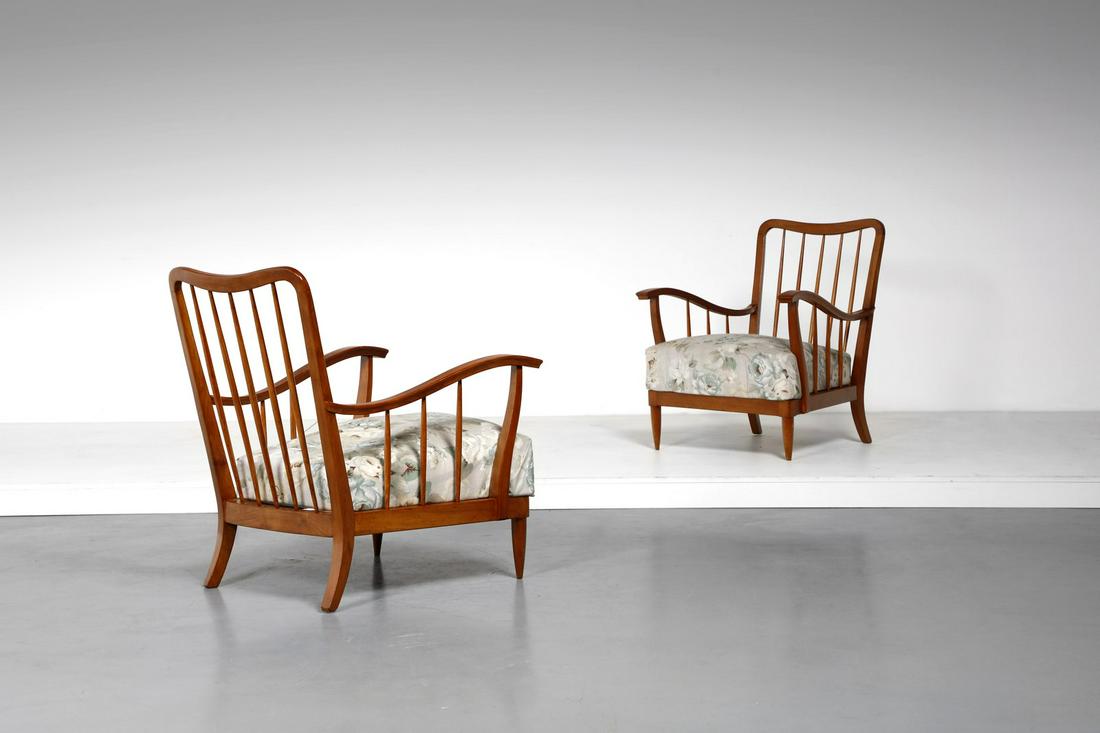 PAOLO BUFFA in the style of. Pair of armchairs.: in the style of. Pair of armchairs. Fabric and wood.. Cm 68,00 x 81,00 x 68,00. 1950s.