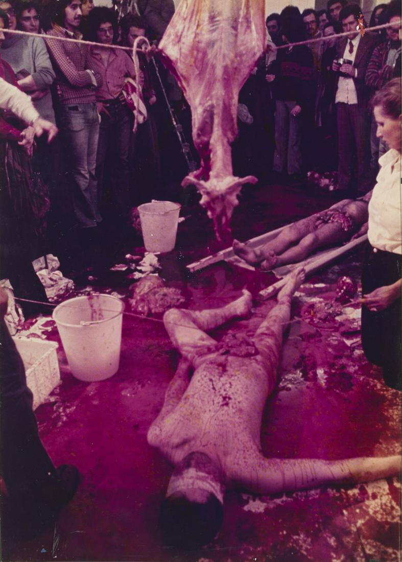 HERMANN NITSCH Action 45. Naples 1974.: Action 45. Naples 1974. Colour photo. Cm 42,00 x 59,50. 1/1. At the back O.M.Theater stamp with edition and signature in marker, Studio Morra, Naples stamp and Diagramma Gallery, Milan, label. Defects