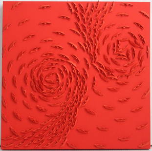RICCARDO GUSMAROLI Vortice rosso.: Vortice rosso. 2021. Mixed media and applications on canvas. Cm 45,00 x 45,00. Signature at the back. Riccardo Gusmaroli Archive authenticity certificate on photo.