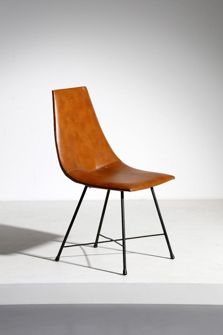 AUGUSTO BOZZI Aster chair, for Saporiti.: Aster chair, for Saporiti. Lacquered metal and leather.. Cm 47,00 x 88,00 x 47,00. 1950s. Literature: Domus n. 317, April 1956, advertising page - Domus n. 324, November 1956, rassegnaRivista dell'Arr