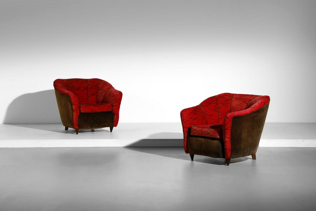 GIO PONTI attributed. Pair of armchairs for Casa &: attributed. Pair of armchairs for Casa & Giardino. Wood and padded fabric.. Cm 75,00 x 72,00 x 80,00. 1960s.
