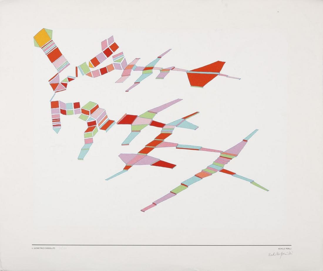 ACHILLE PERILLI Il geometrico dissoluto.: Il geometrico dissoluto. Lithograph. Cm 83,50 x 68,00. 30/100. Title lower left, edition and signature lower in pencil. Small defects.