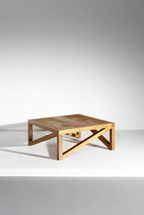 MANFREDO MASSIRONI Coffee table.: Coffee table. 1974. Light fruit wood and Vienna straw.. Cm 88,00 x 38,00 x 88,00. Unique piece from Casa Massironi, Padua.The lot is accompanied by the certificate of authenticity Michele Massironi, s