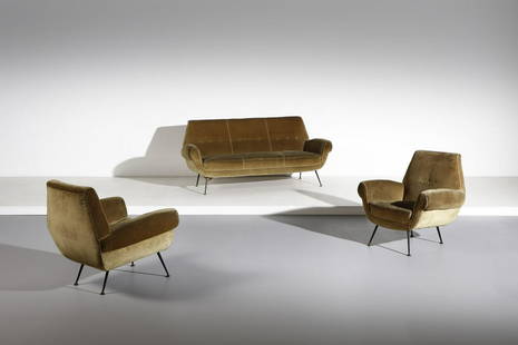 GIGI RADICE Pair of armchairs and sofa for Minotti.: Pair of armchairs and sofa for Minotti. Metal and padding covering. Cm 82,00 x 86,00 x 80,00. 1950s. Sofa: 87 x 190 x 77 cm