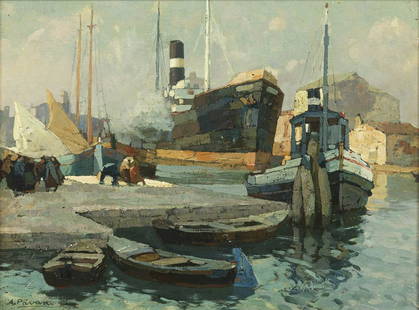 ANGELO PAVAN Harbour with boats.: Harbour with boats. Oil on panel. Cm 32,00 x 23,50. Signature lower left. At the back Galleria dell'Accademia, Milan stamp. . Frame present